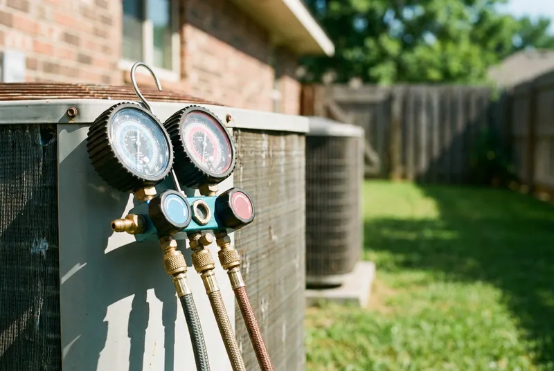 A technician measures refrigerant pressure on an outdoor condensing unit with a gauge manifold on a bright summer day