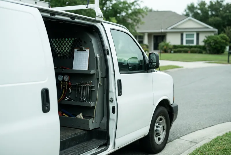A plain white service van parked at the curb of a tidy residential street, its side door open to a neatly organized shelf of tools and a clipboard