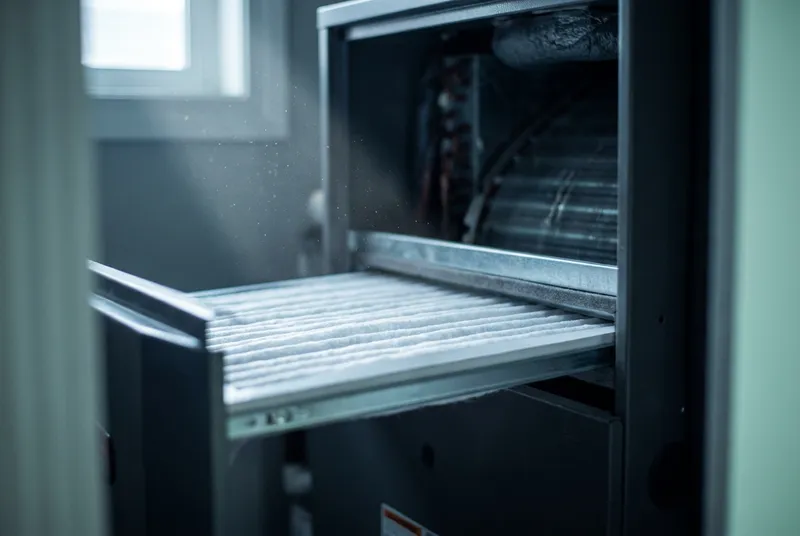 A clean pleated media air filter being slid into a whole-home air handler, dust visible in a shaft of light